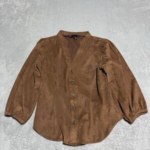 White House Black Market Top Womens 4 Brown Elbow Sleeve Vegan Suede Button Down